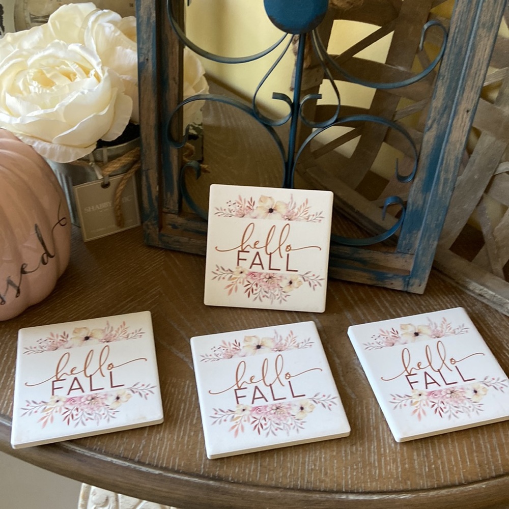 NEW! Shabby Chic Hello Fall Floral Autumn Harvest Ceramic Stoneware Coaster Set - Picture 5 of 10